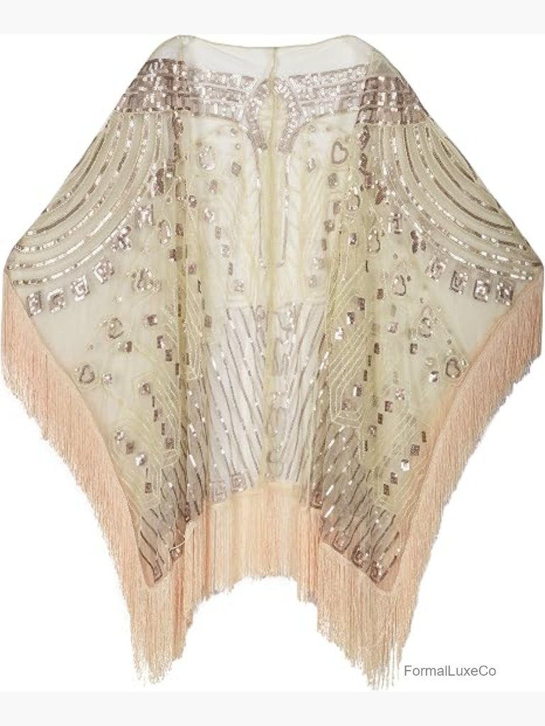 Oversized Sequin Beaded Fringed Evening Wrap Shawl Cape